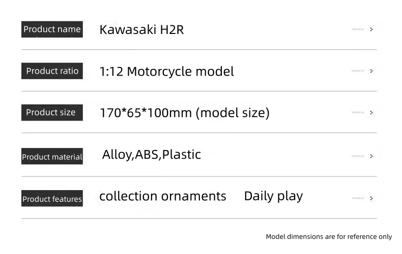 1:12 Kawasaki H2R Model Alloy Motorcycle (No light & sound)