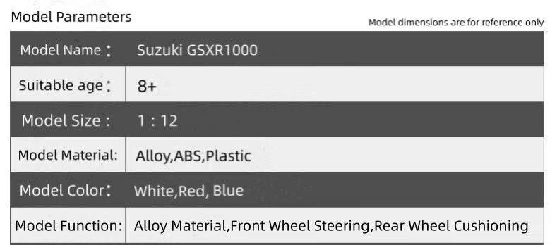 1:12 Suzuki GSX-R1000 R Diecast Motorcycle
