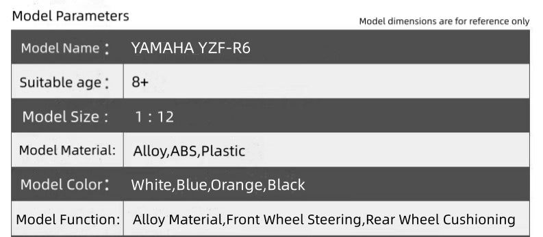 1:12 Yamaha YZF-R6 Motorcycle Model