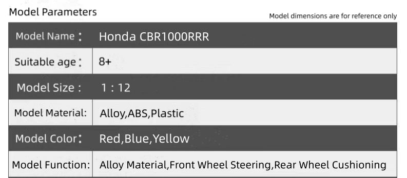 1:12 Honda CBR 1000RR-R Fire Blade Motorcycle Model