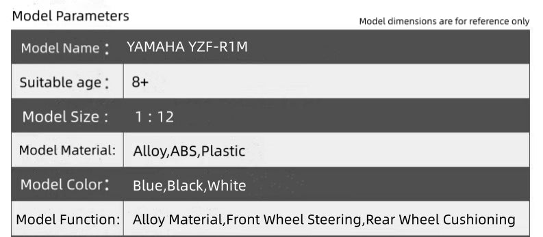 1:12 Yamaha YZF-R1M Alloy Motorcycle Model