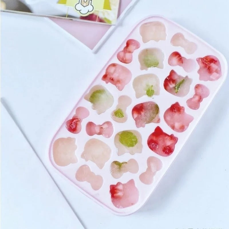 Kawaii Pink 3D Hello Kitty Silicone Press Ice Tray Mold Cute Charm Home Refrigerator Ice Storage Box Birthday Gift