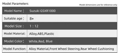 1:12 Suzuki GSX-R1000 R Diecast Motorcycle